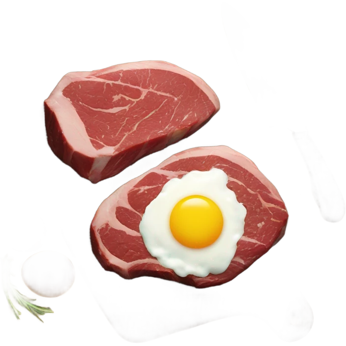 Steak on a Cutting board with runny eggs emoji