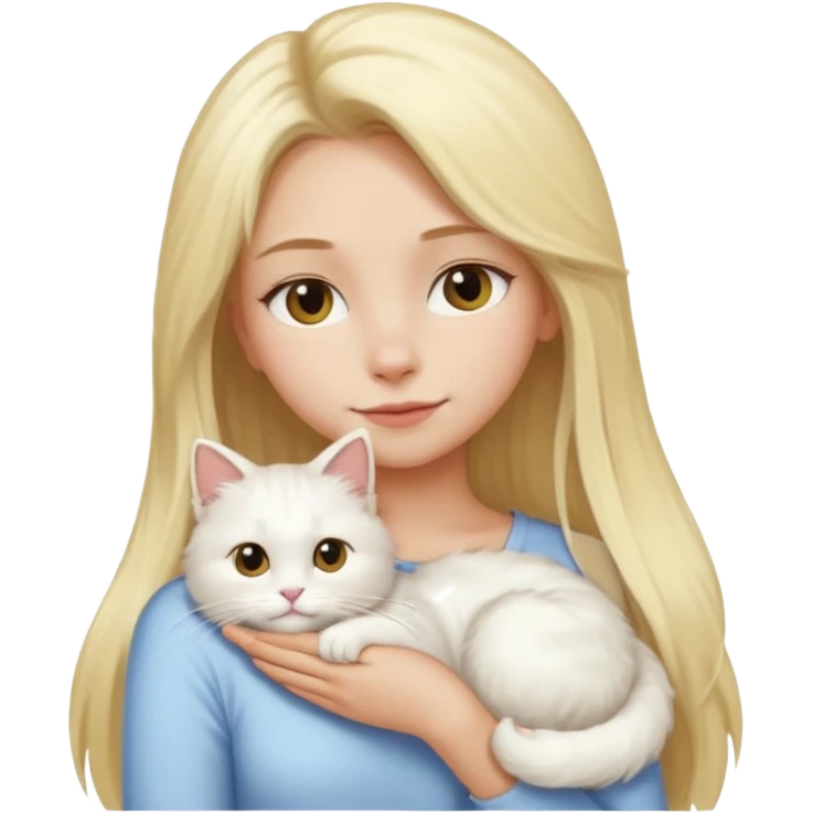 a girl with long blonde hair and a white fluffy cat resting on her left shoulder, emoji style emoji