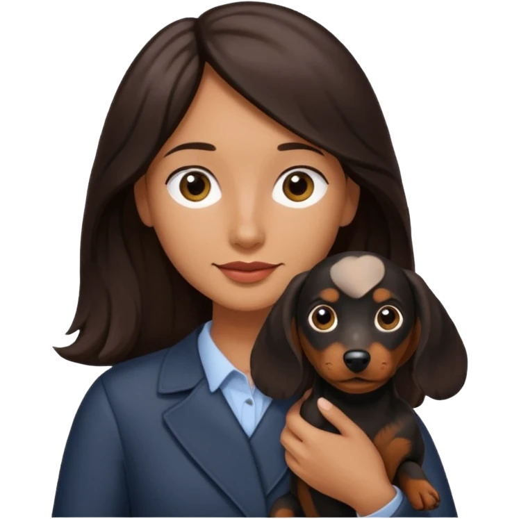 A dark brown long haired a lil bit wavy hair holding a daschund dog black emoji