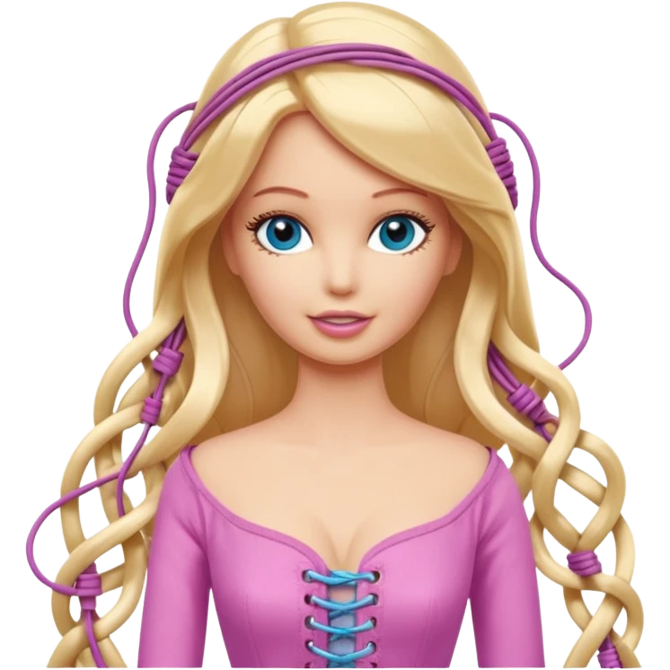 plastic barbie doll tightly bound with tangled AUX cables. emoji