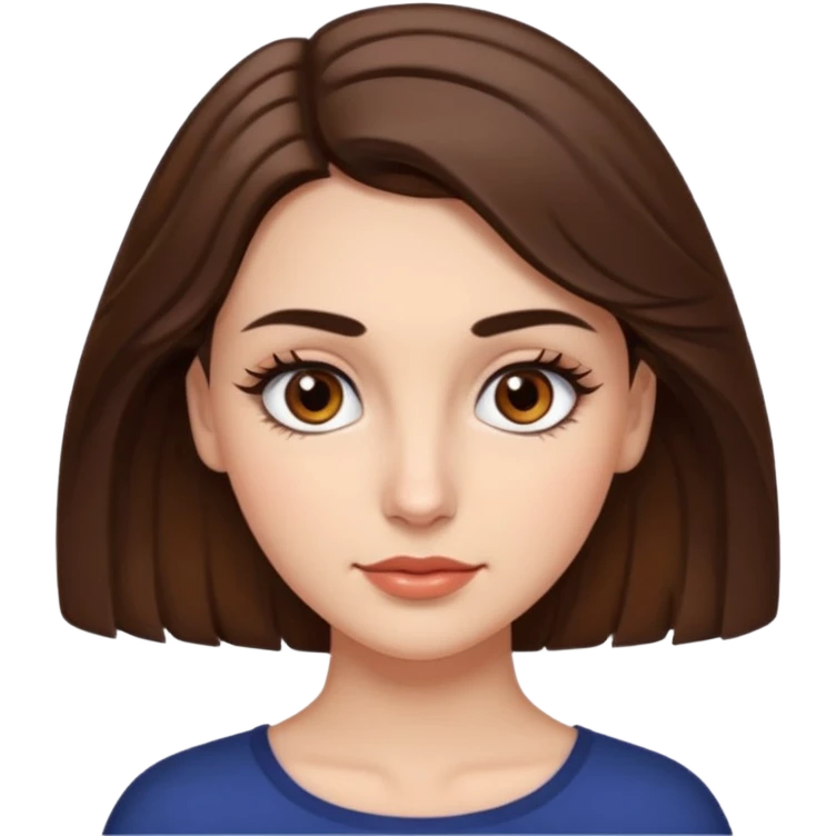 uma mulher com cabelo curto, castanho, levemente ondulados e um pouco abaixo do ombro, sobrancelhas grossas e cílios grandes. Cor da pele é branca e olhos castanhos e um pequeno sinal na bochecha direita.  emoji
