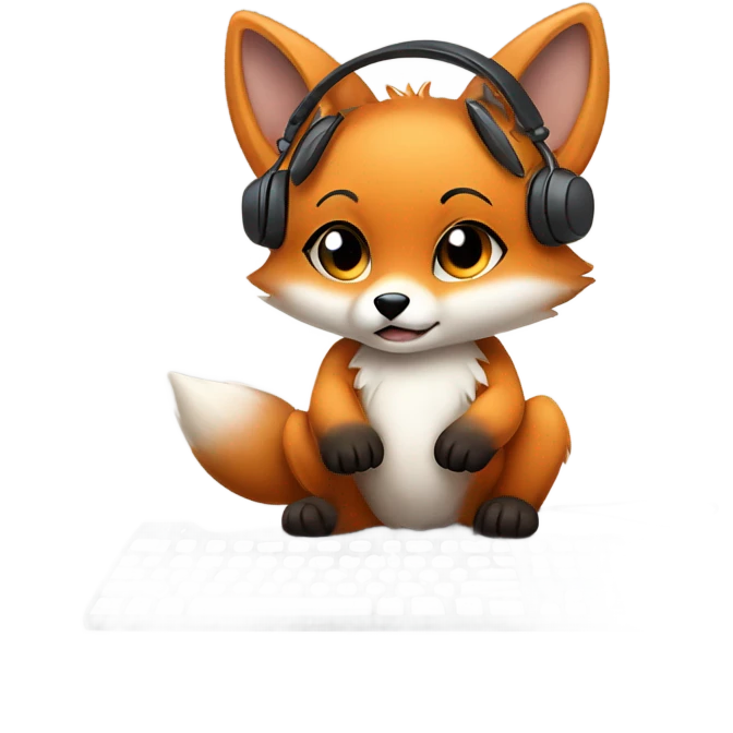 Detailled Baby kawaii fox with headphones on ears and keyboard computer emoji