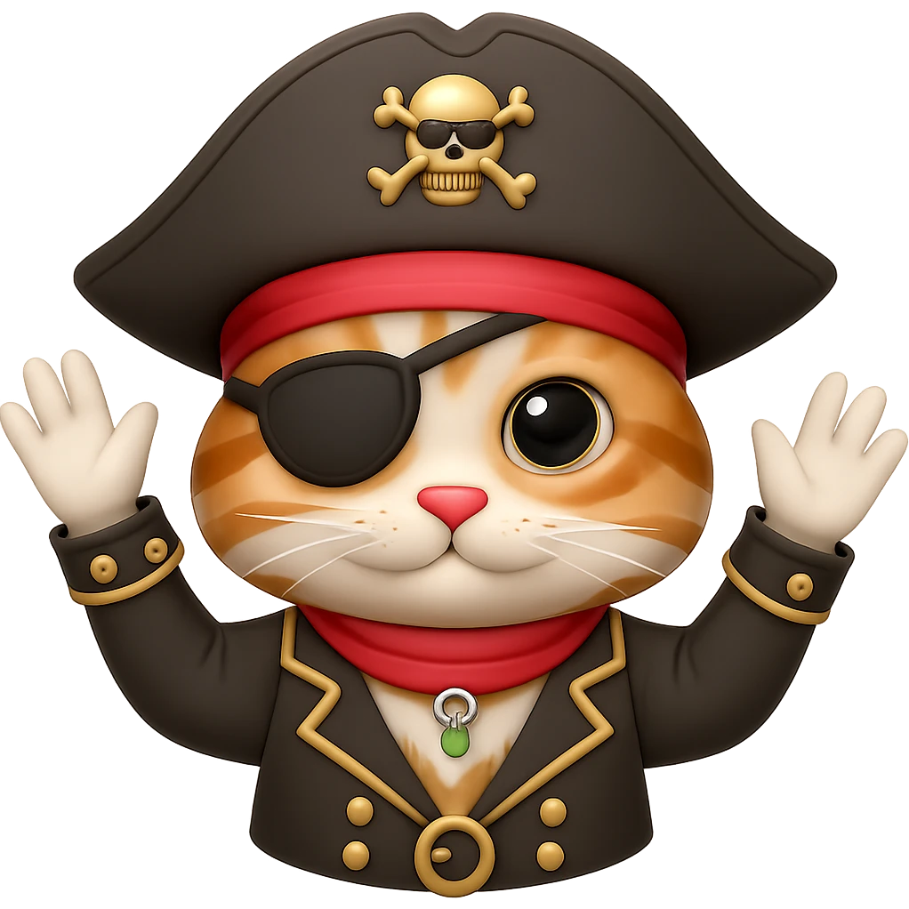 Add an eyepatch to the pirate cat waving, in the style of emoji (apple style emojis). Keep the emoji style and no background. emoji