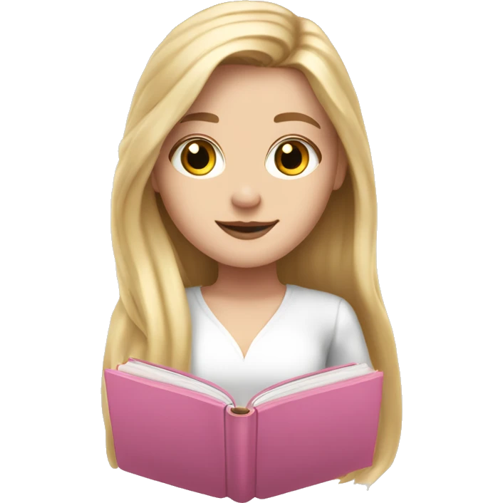 white girl, long long blonde hair, pink book in hand, white dreas emoji