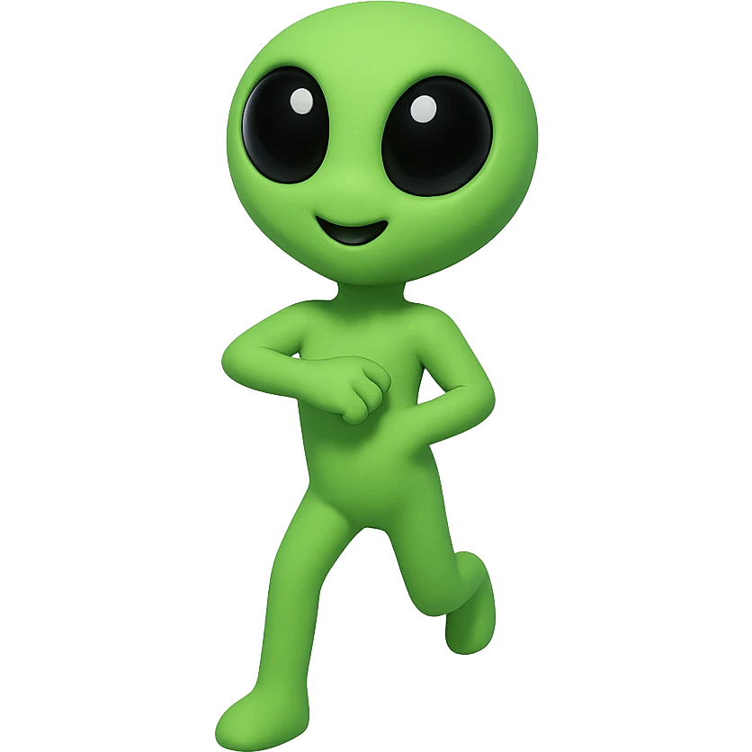 Create a neon green alien dancing, almost identical to the reference image, with minimal changes in the positions of arms and legs, looking straight ahead. This is frame 11 of the animation. PNG with transparent background. emoji