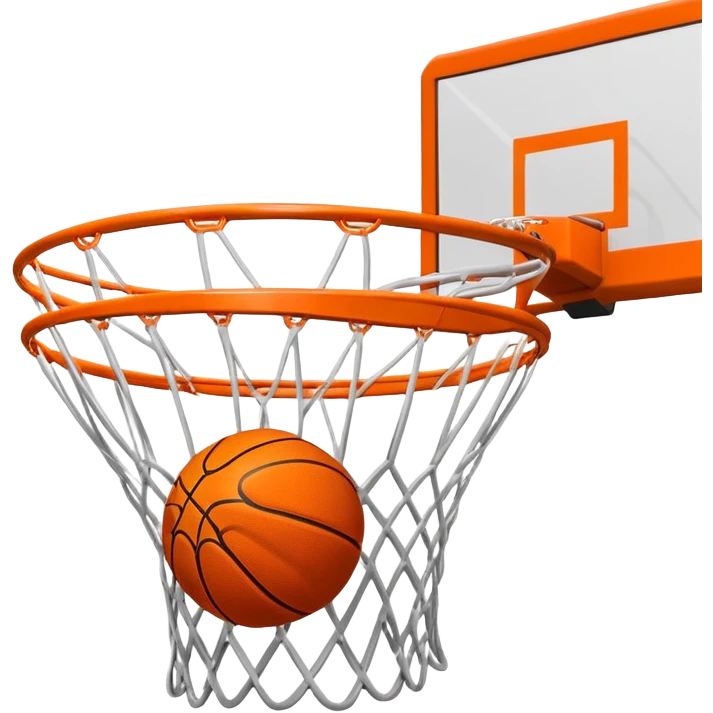 Basketball going through net with motion blur, viewed from side angle, minimal design, iOS emoji style emoji