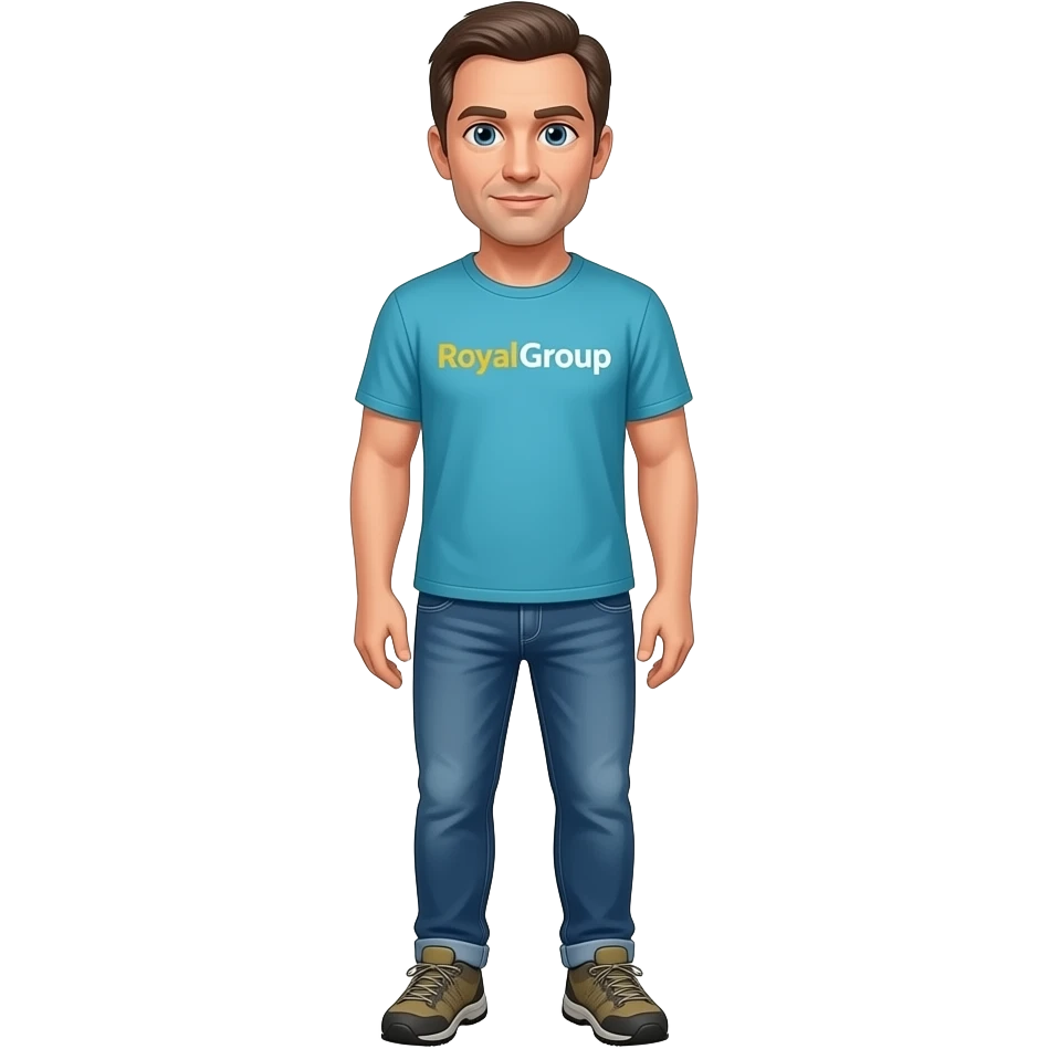 man in 40s, light to medium tone skin, short brown hair, blue eyes, aqua-blue t-shirt with letters-only logo "RoyalGroup" connected words - 'Royal' in goldenrod yellow and 'Group' in white, jeans, hiking sneakers emoji