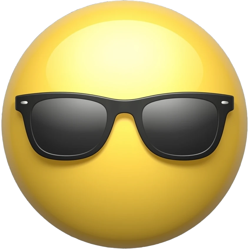 Emoji de cara redonda amarilla con gafas de sol oscuras, la luz se refleja en su superficie, el fondo de cuadrícula permanece estático. que el fondo sea negro emoji