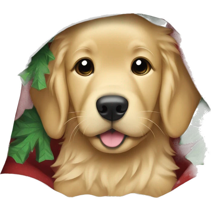 baby golden retriever under a blanket under a christmas tree emoji