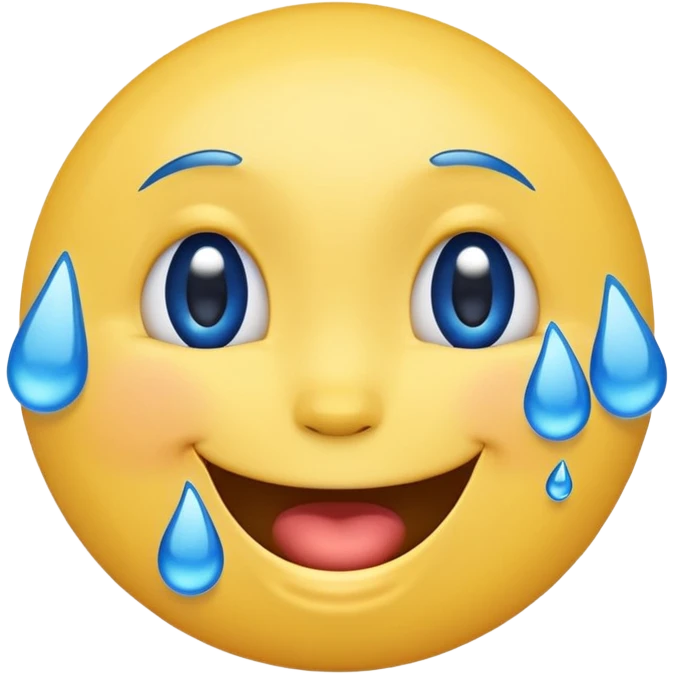 Emoji, yellow round laughing face, blue tears of joy on it. 2 big blue tears on each of the 2 cheeks emoji