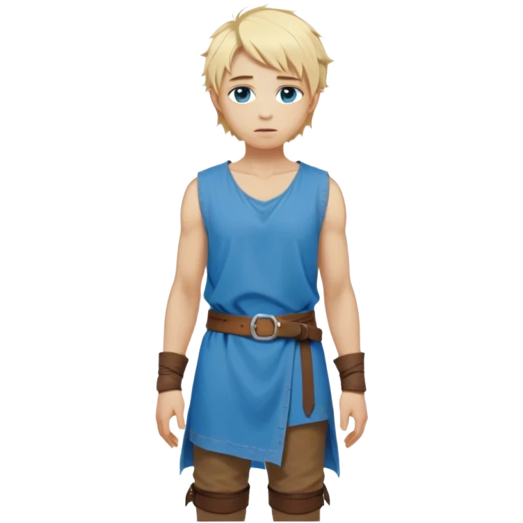 medieval summer outfit worn by a DnD themed fantasy character. basic sleeveless cotton tunic with a loose fit and a thin leather belt. clothes only above the waist. The clothes full waist. The character's haven't arms. character is white-skinned, blonde hair, blue eyes, short messy hair. emoji
