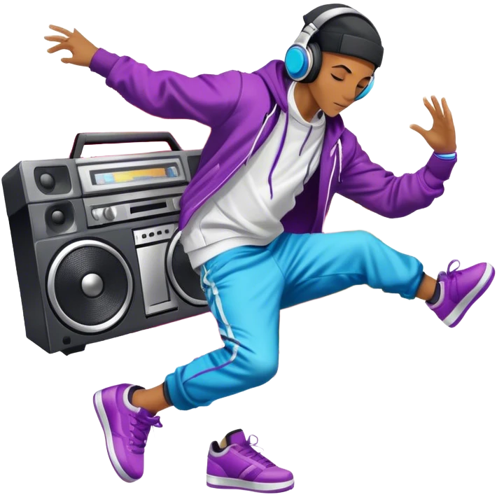 Icon for Street Dance: a dancer in urban streetwear performing a dynamic lower breakdance move, with a spray-painted background, headphones, and a boombox on the asphalt. The icon should capture the energy, style, and creativity of street dance culture. Transparent background. emoji