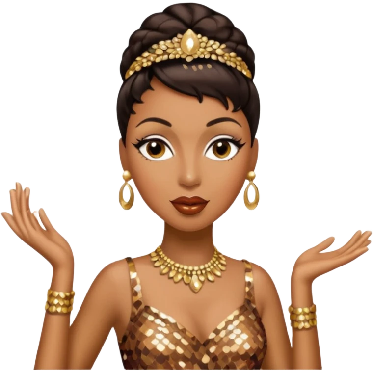 Josephine Baker with dark brown hair, bronze sequin outfit emoji