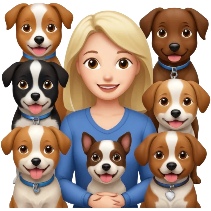 woman surrounded by 4 dogs emoji