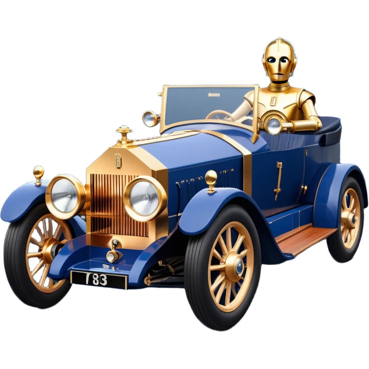 dark blue led lights C-3PO 1927 delicately inlaid rose gold wood barrel accents Scrooge McDuck’s Rolls Royce efficiently powered by futuristic electric motors and dynamos with wide racing wheels that are strong agility advanced suspension and steering emoji