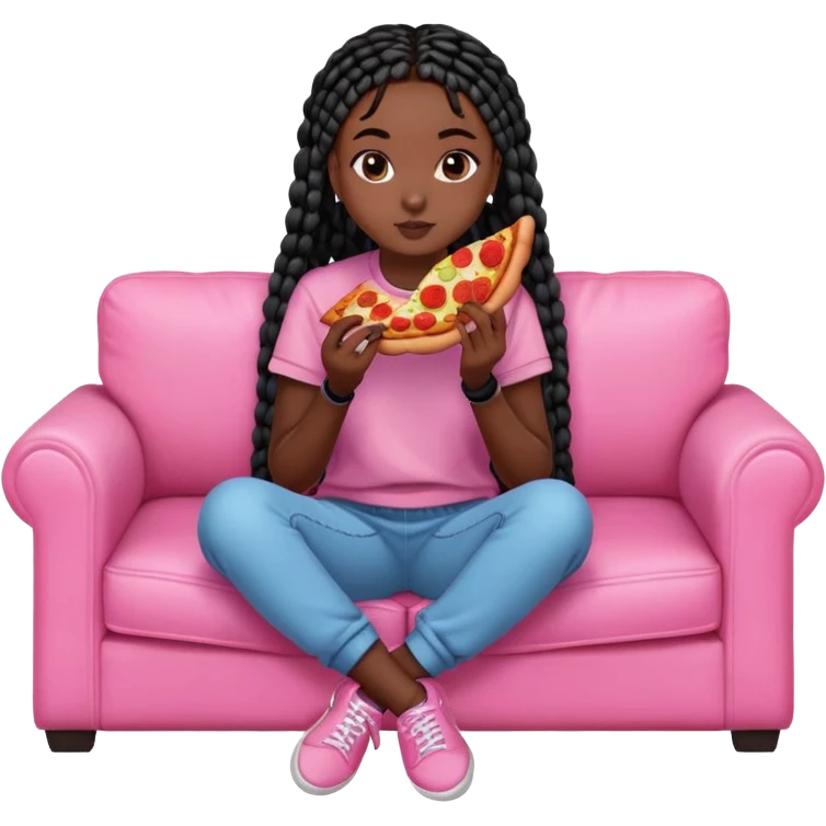 A dark skinned black girl with black box braids eating pizza, on a pink couch in comfy outfit emoji