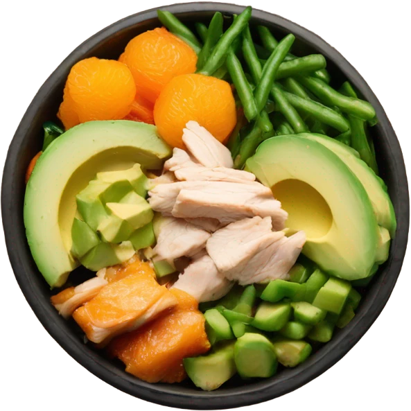 Poke bowl with chicken, cut avocados, mandarins, cucumbers and green beans; side view emoji
