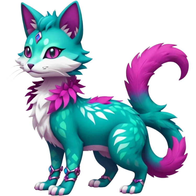 Kawaii cute colorful iridescent dark-turquoise-green and magenta and white beautiful pretty elegant divine edgy feline-vernid-sergal-Fakémon-Pokémon-fursona-animal-creature with accessories, full body, with intricate detailed markings emoji