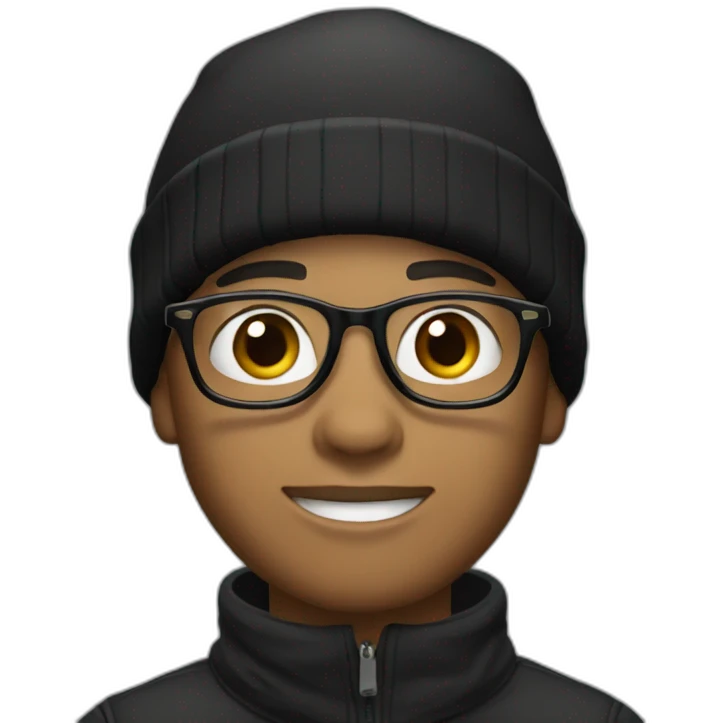 A young man wearing glasses, his skin is very light brown, and he is wearing a black winter hat and a black winter shirt as well emoji
