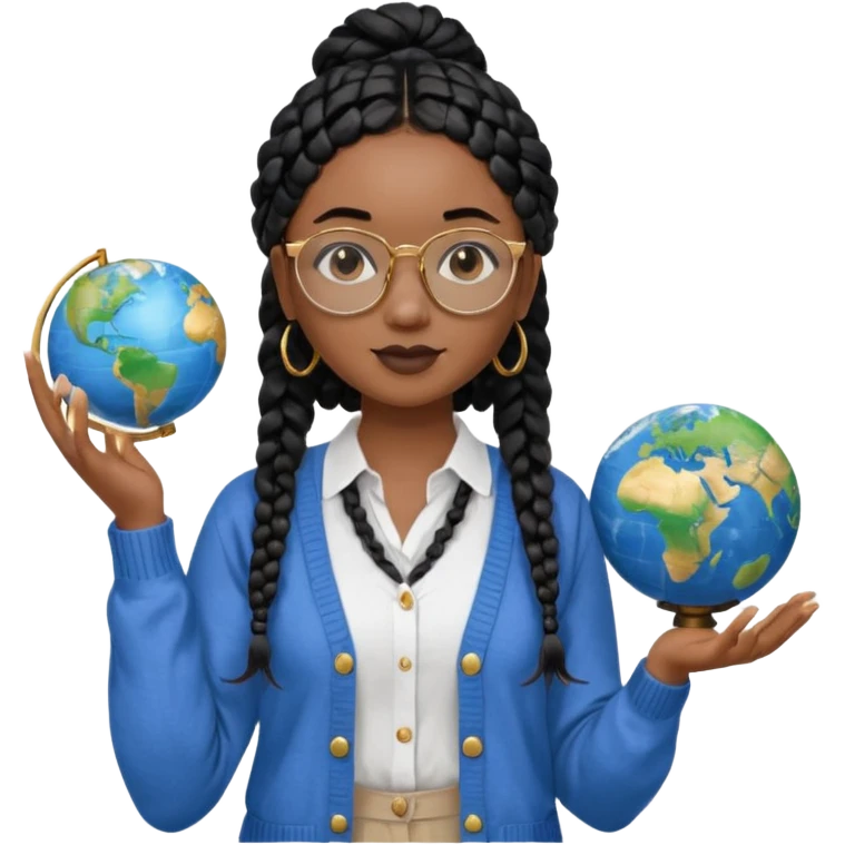 a-young-woman-wearing-fine-gold-round-glasses-and-black-hair-in-several-box-braids,-she-has-light-black-skin,-and-she's-wearing-a-white-shirt-with-an-blue-cardigan-on-top.-she's-holding-a-globe-in-one-hand.png emoji