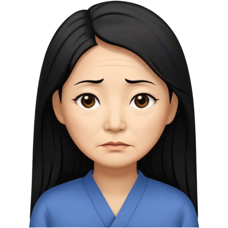 50 yr old asian woman, straight thick long black hair, big black, side part, tired emoji
