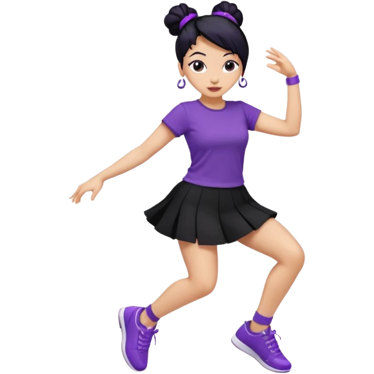 Mujer bailando con zapatillas violeta, pollera negra y remera violeta, mujer con pelo negro y recogido emoji
