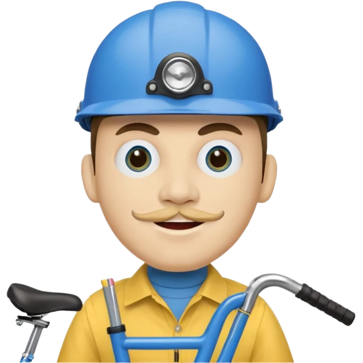 A round head puppet with 2 buck teeth a blue bike helmet and a round nose with a pencil in it also he has a unibrow and blue eyes and a yellow shirt that says jeffy emoji