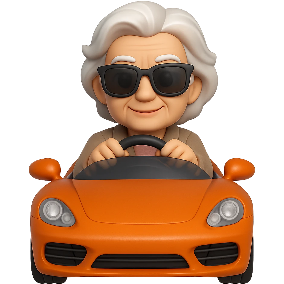 Show the old lady with white hair in the orange sports car from a front angle, in 3D emoji style, realistic, wearing sunglasses, no background. The style should resemble Microsoft style 3D fluent emojis with realistic details and no background. emoji