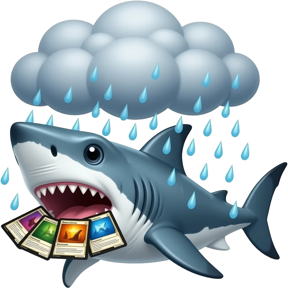 A shark behind a cloud making it rain while holding Magic the Gathering cards emoji