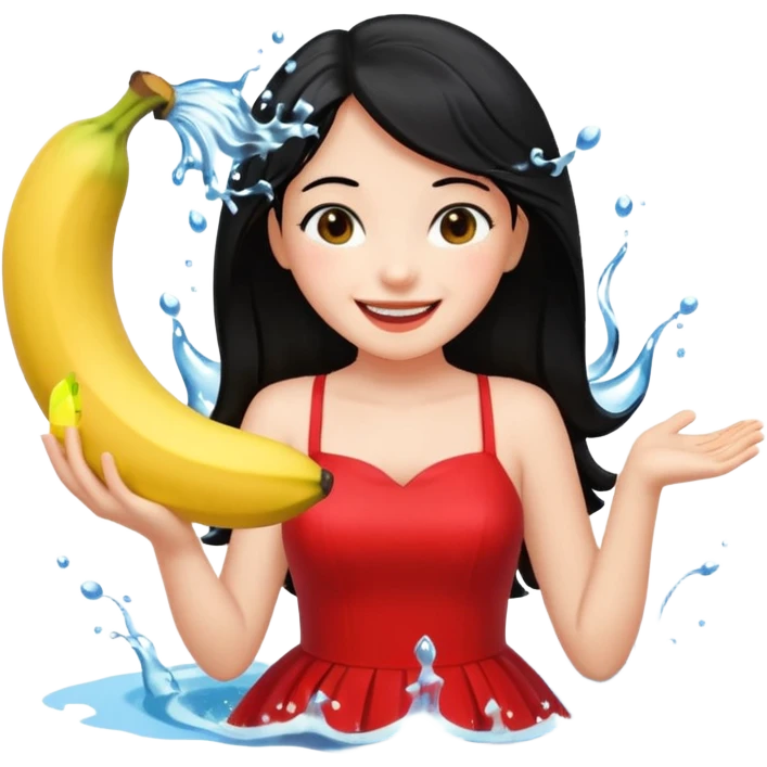 a water splashing banana above a girl with black hair and red dress emoji