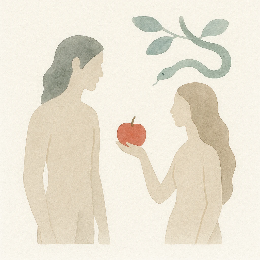 Adam and Eve in the Garden of Eden, with the apple and the snake, painterly style, square scene emoji