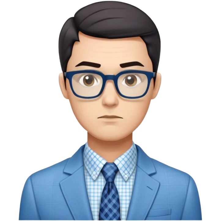 Man with angular square face, large dark square eyeglasses, short straight dark hair with side part. Composed serious expression. Wearing a light blue blazer over a white button-up shirt with blue checkered pattern. emoji