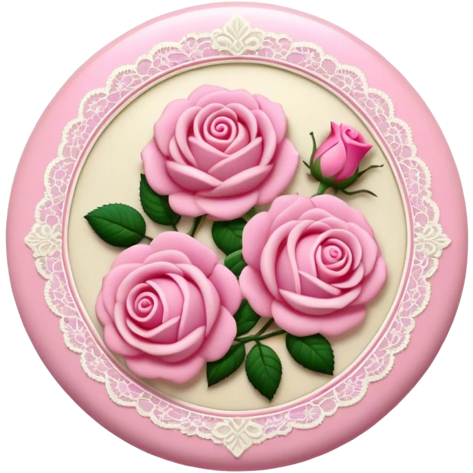 A round pink button with light cream damask lace and pink roses emoji