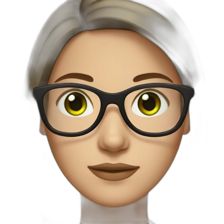White woman with long dark brown straight hair and green eyes using glasses writing emoji