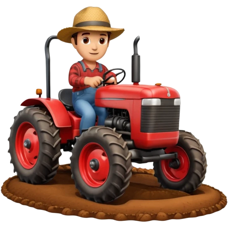 A 3D cartoon red tractor in a farmland setting, with plowed soil and crops in the background, smooth reflections, detailed tires, warm daylight, Memoji-style realism. emoji