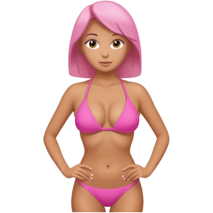 Lady with huge boobs, in a tight bikini, tanned, boobs are so big in tight pink and very revealing bikini, very round/spherical boobs emoji