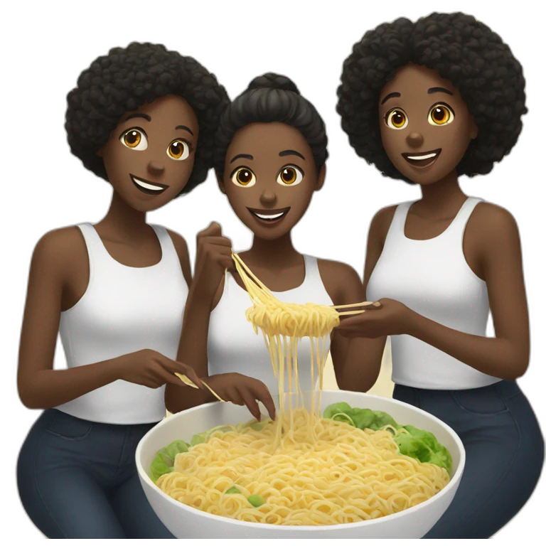 Three black girls sharing a bowl of noodles emoji
