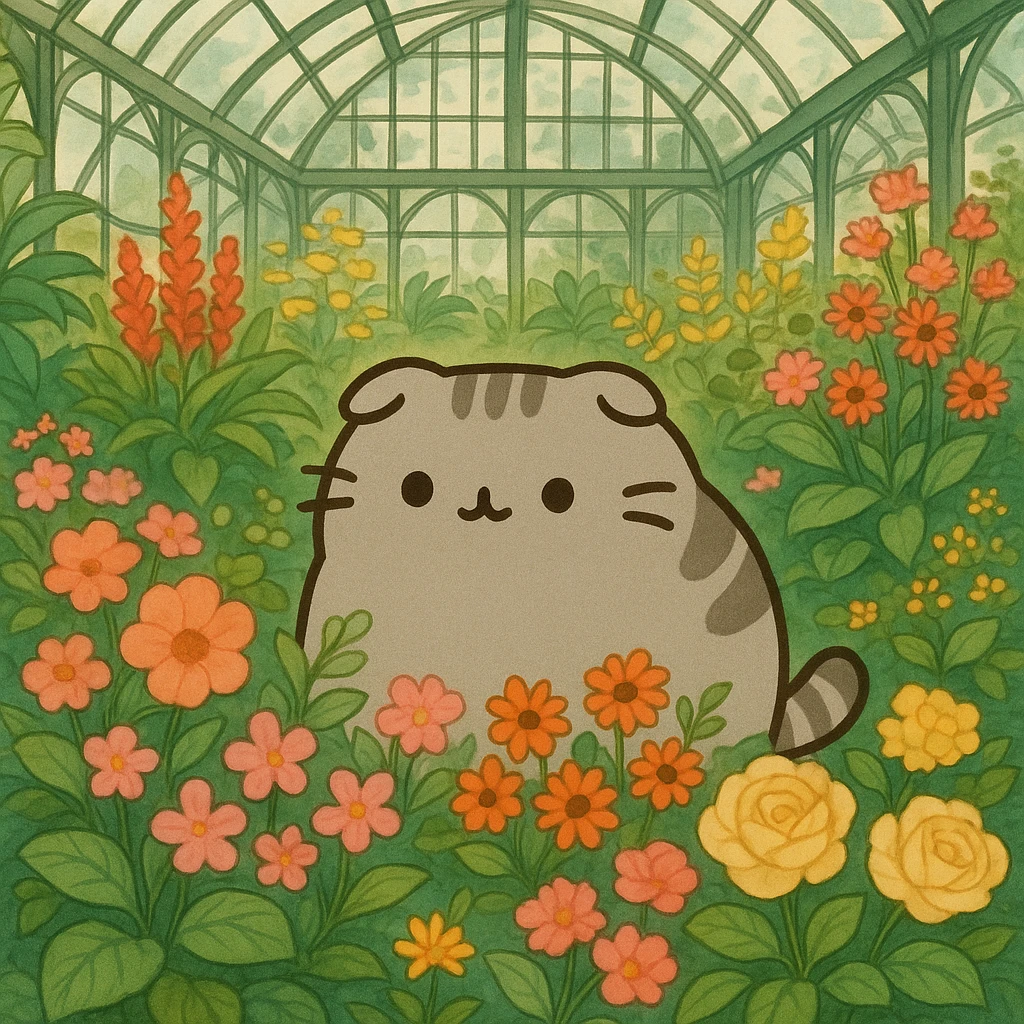 scottish fold pusheen cat surrounded by flowers in a botanical garden greenhouse emoji