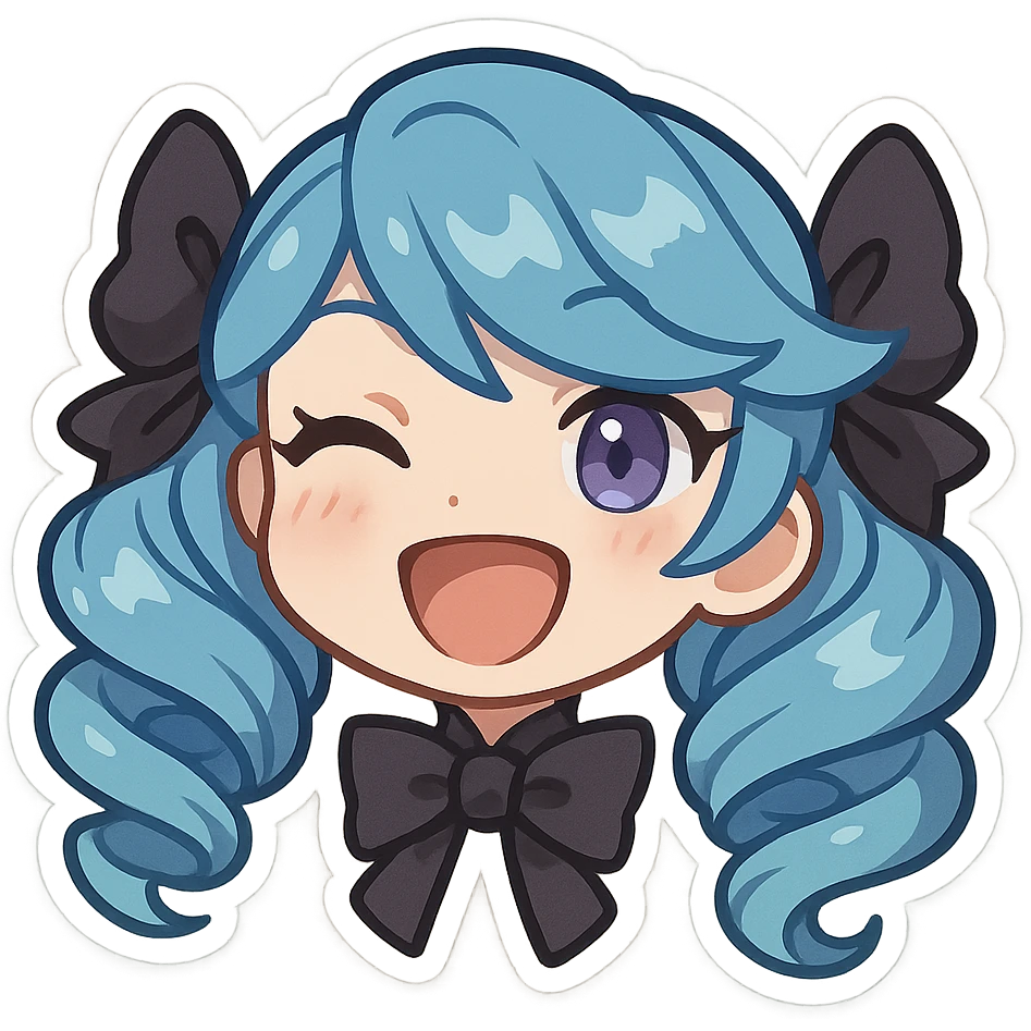 Gwen from League of Legends, chibi style, just the head, right eye purple, laughing expression emoji