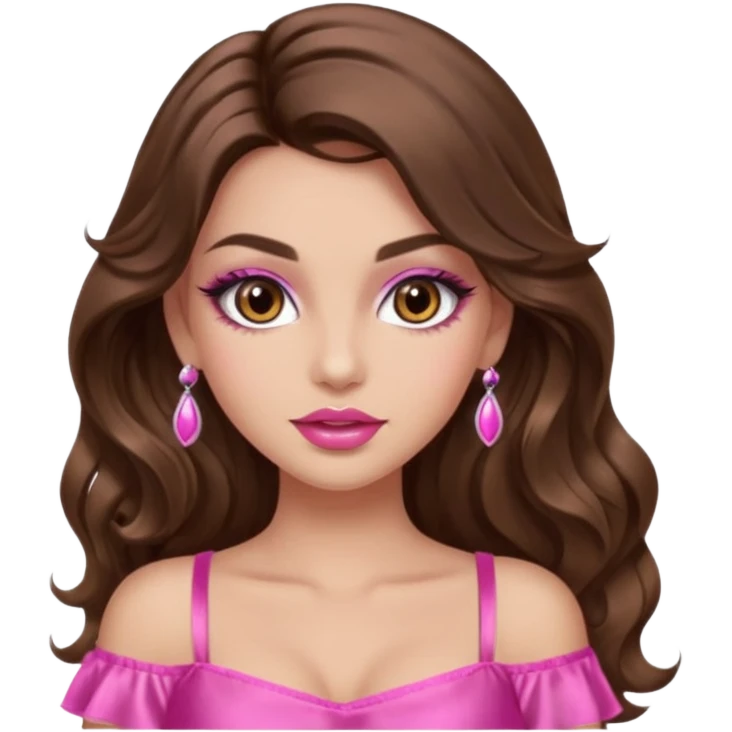 girl with long wavy brown hair, brown eyes, long lashes makeup, sexy pink lips, light to medium complexion, wearing a pink sexy top emoji