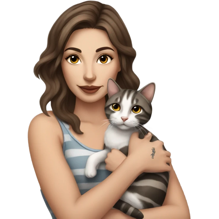 Beautiful brown haired tattooed woman holding gray and white striped cat emoji