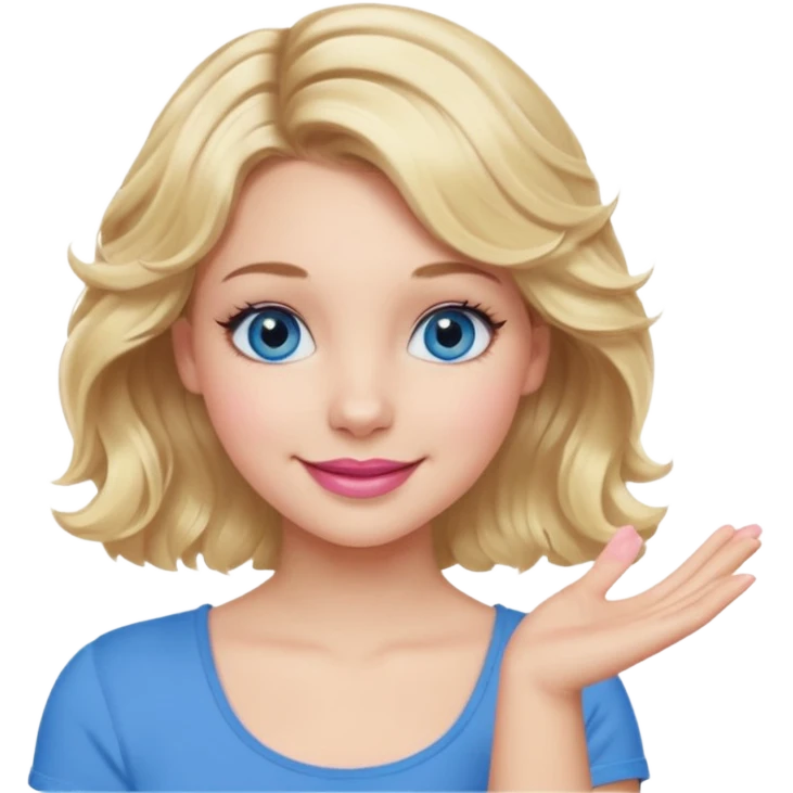 Girl Blonde short wavy hair,  blue eyes, cute blue top, long lashes, pink lips, smiling, one hand 🤷🏼‍♀️  emoji