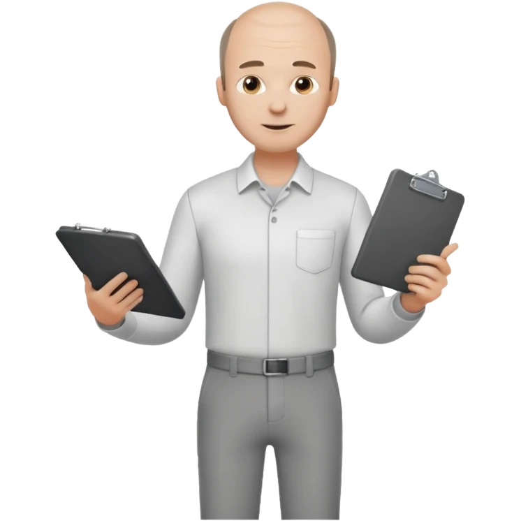 man mid 30's shirt and trousers balding hairline standing holding a clipboard emoji