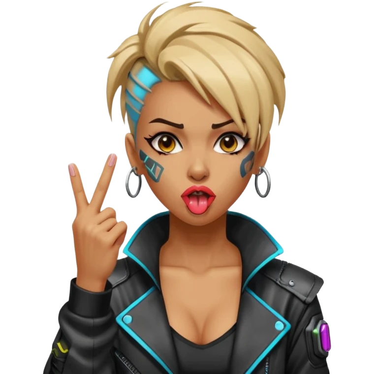 Woman with her tongue out in cyberpunk clothing and giving the middle finger. Looking naughty. emoji