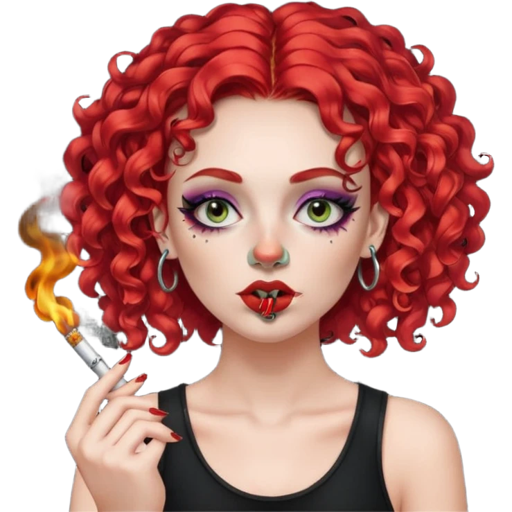 bright red curly hair alt girl with dark makeup and gauged septum, eyebrow and nose piercings smoking weed emoji