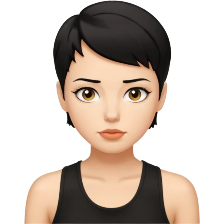 a white woman with short tomboy black hair with beauty spot on top of her lip wearing men's black tank top emoji