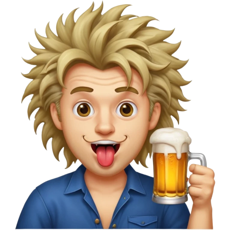 whacky man holding a beer, cross eyed, extremely wild and crazy expression, tongue out, wild hair emoji