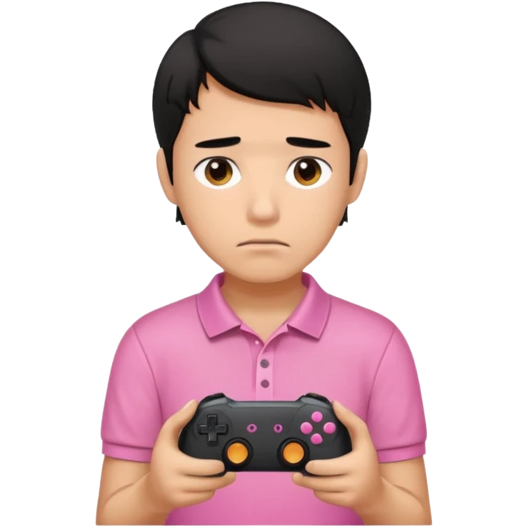 generate a pretty tan bratz boy with a pink polo. Holding a gaming controller in hand. Black hair.looking sad emoji