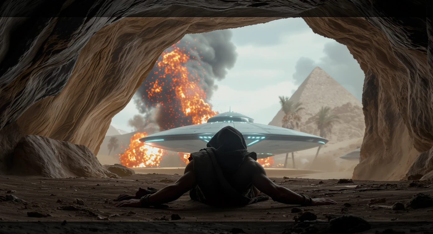 cinematic still, documentary photography, acient egypt, back shot of a man dress in ancient clothes in cave (frame in frame effect) on ground laying front of small ufo starship, explosions, palms, dynamic scane, leading lines, captured by arri alexa, depth layers, piramids in babckground emoji