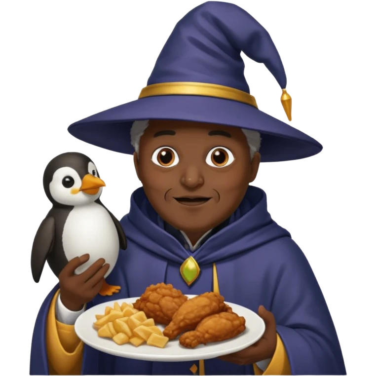 Black wizard eating fried chicken holding a penguin  emoji